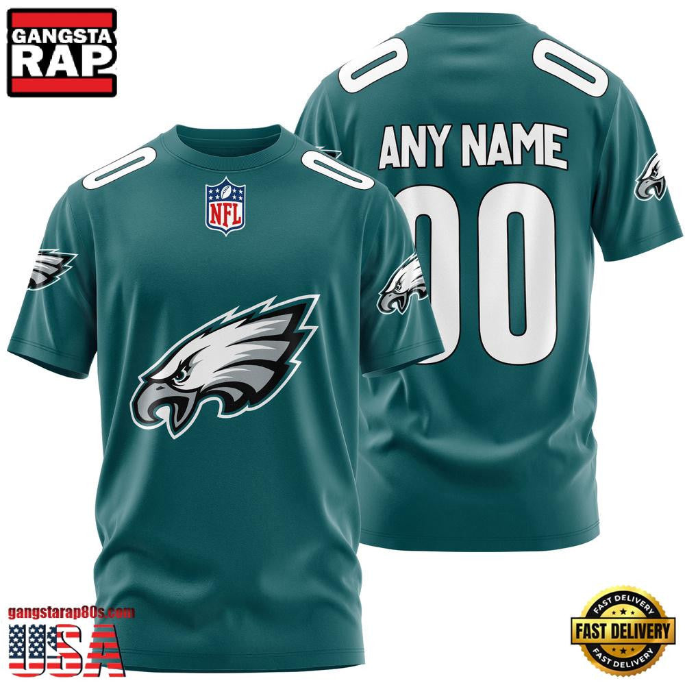 Philadelphia Eagles Team Sport Custom Name & Number All Over Printed T-Shirt - Midnight Green