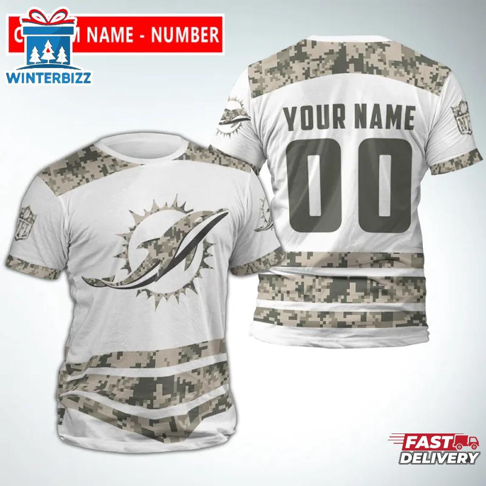 Miami Dolphins Sport Custom Name & Number All Over Printed T-Shirt - Camo/White