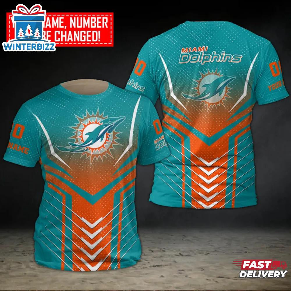 Miami Dolphins Custom Name & Number All Over Printed T-Shirt - Aqua
