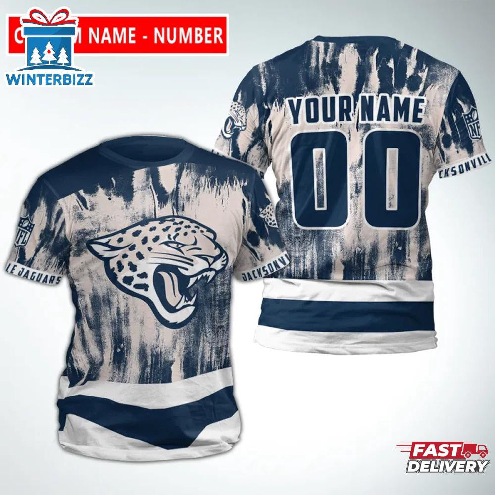 Jacksonville Jaguars Color Bleeding Custom Name & Number All Over Printed T-Shirt - Navy/White