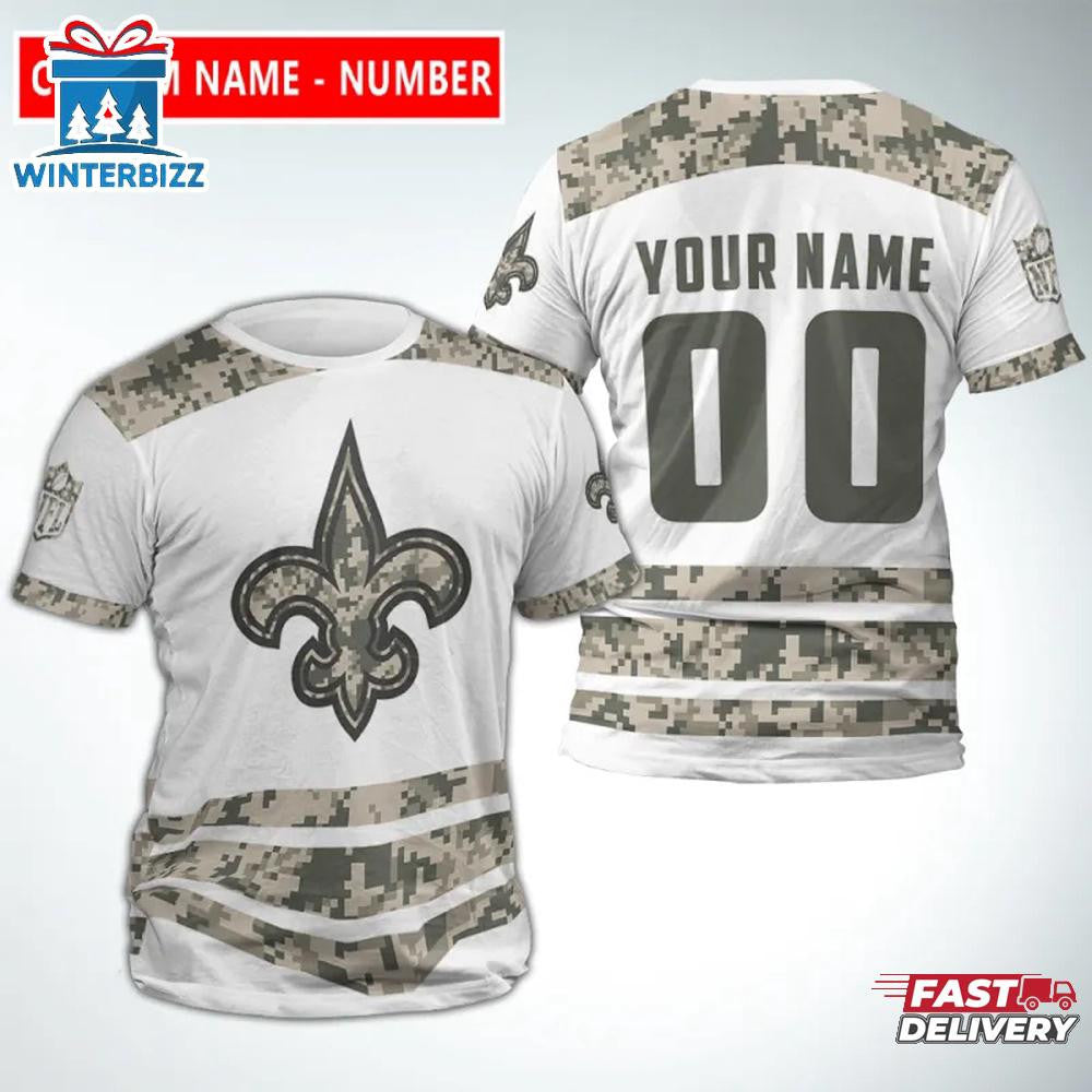 New Orleans Saints Sport Custom Name & Number All Over Printed T-Shirt - Camo/White
