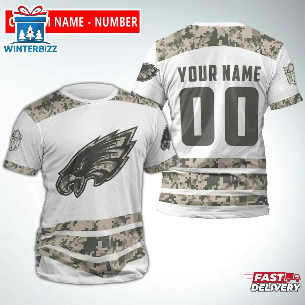 Philadelphia Eagles Sport Custom Name & Number All Over Printed T-Shirt - Camo/White