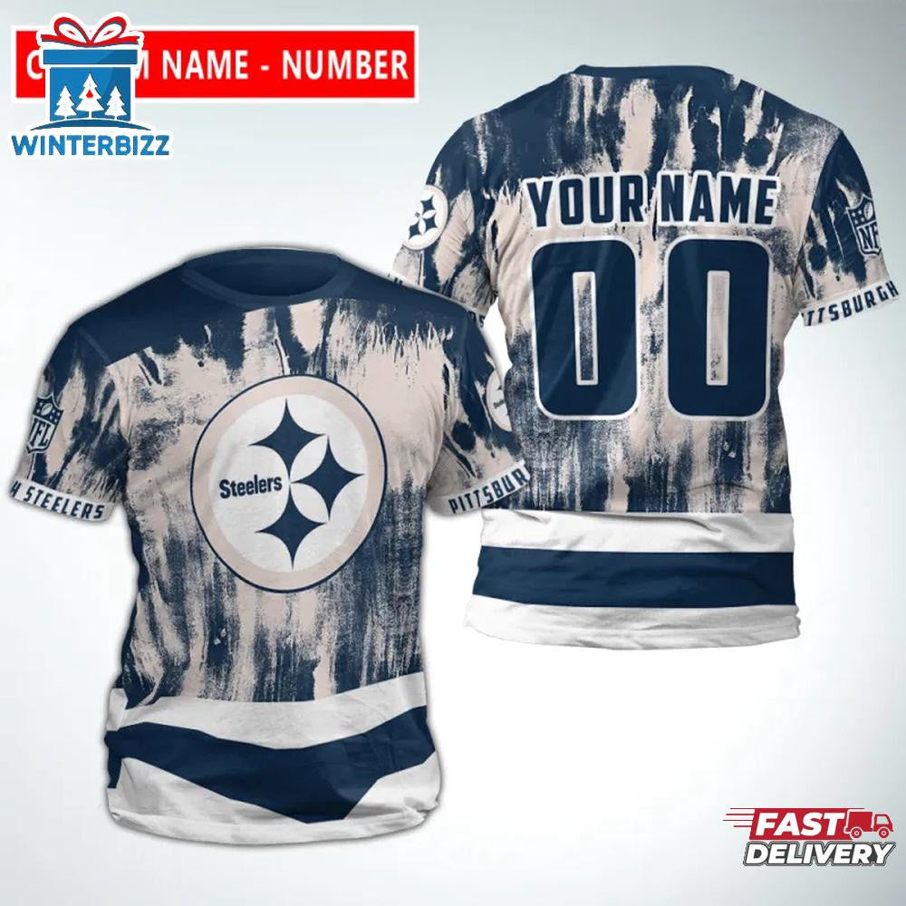 Pittsburgh Steelers Color Bleeding Custom Name & Number All Over Printed T-Shirt - Navy/White