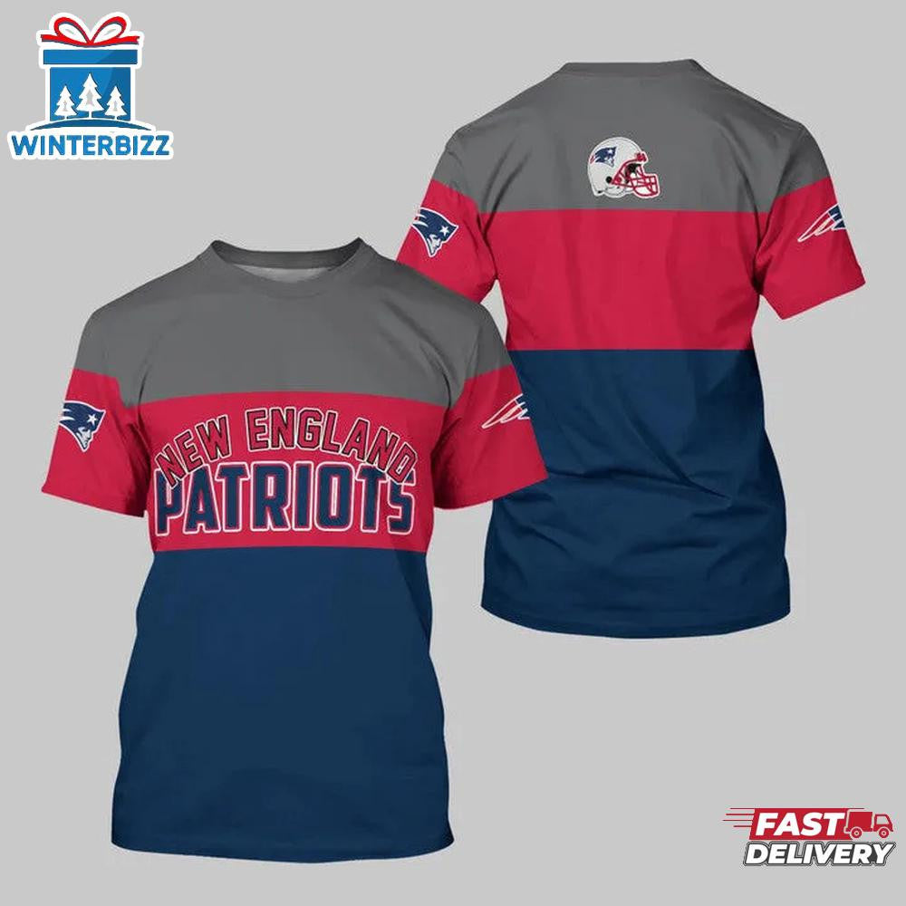 New England Patriots Logo Team All Over Printed T-Shirt - Gray/Red/Navy