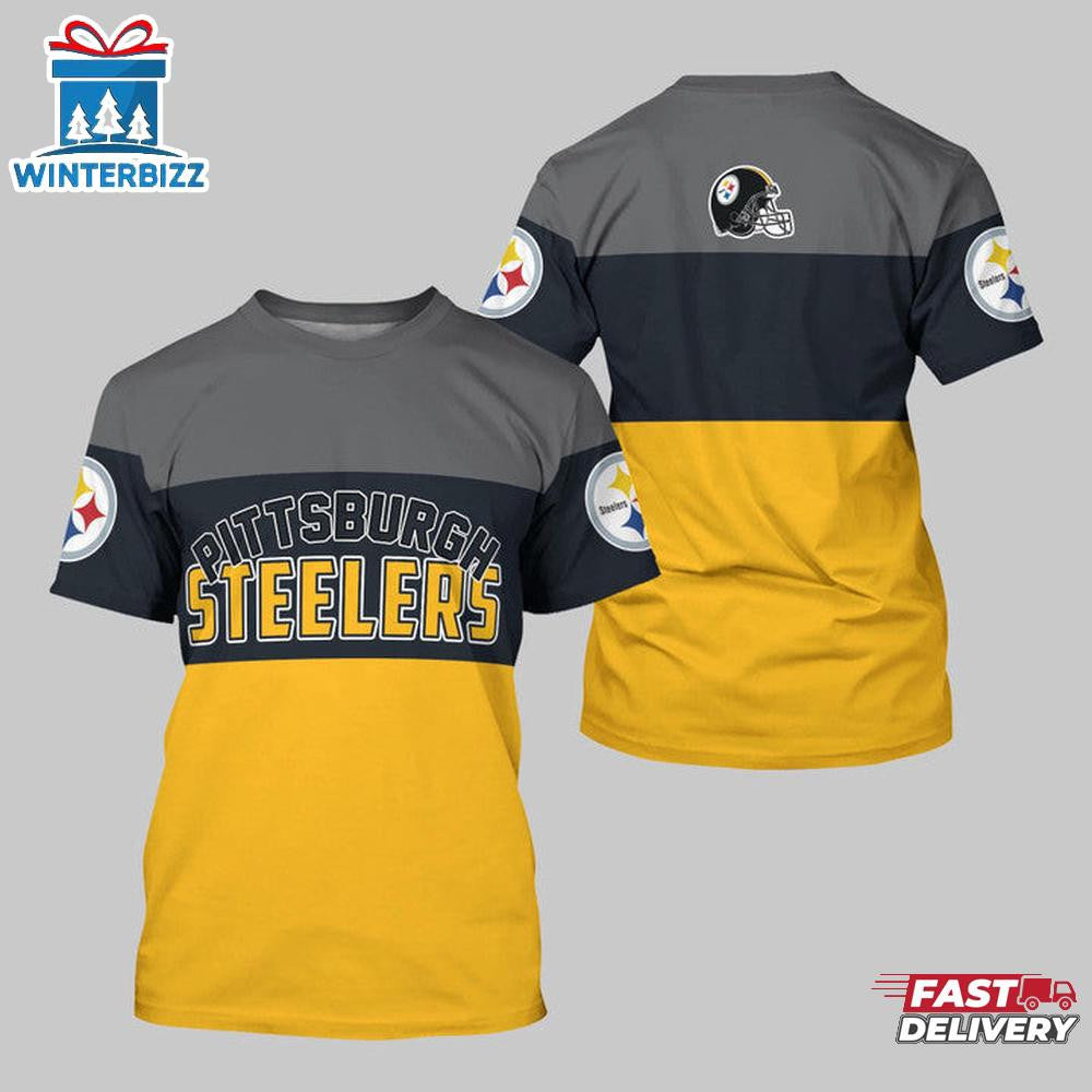 Pittsburgh Steelers Logo Team All Over Printed T-Shirt - Gray/Black/Gold