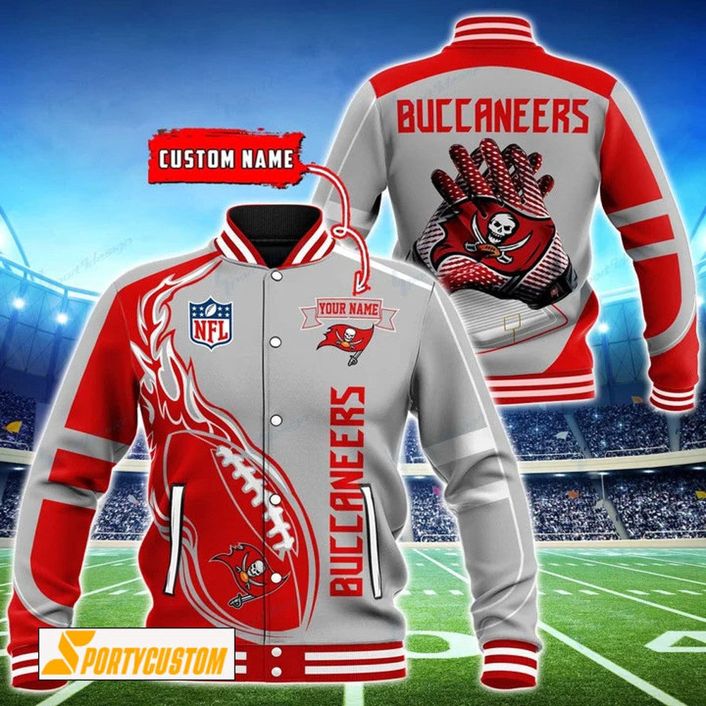 Tampa Bay Buccaneers Fireball Custom Name Baseball Jacket Varsity Jacket - Silver - All-Over-Printed Jacket