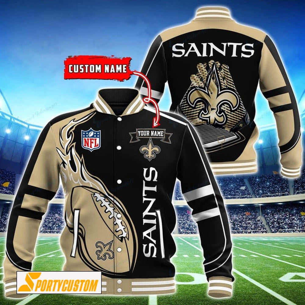 New Orleans Saints Fireball Custom Name Baseball Jacket Varsity Jacket - Black - All-Over-Printed Jacket
