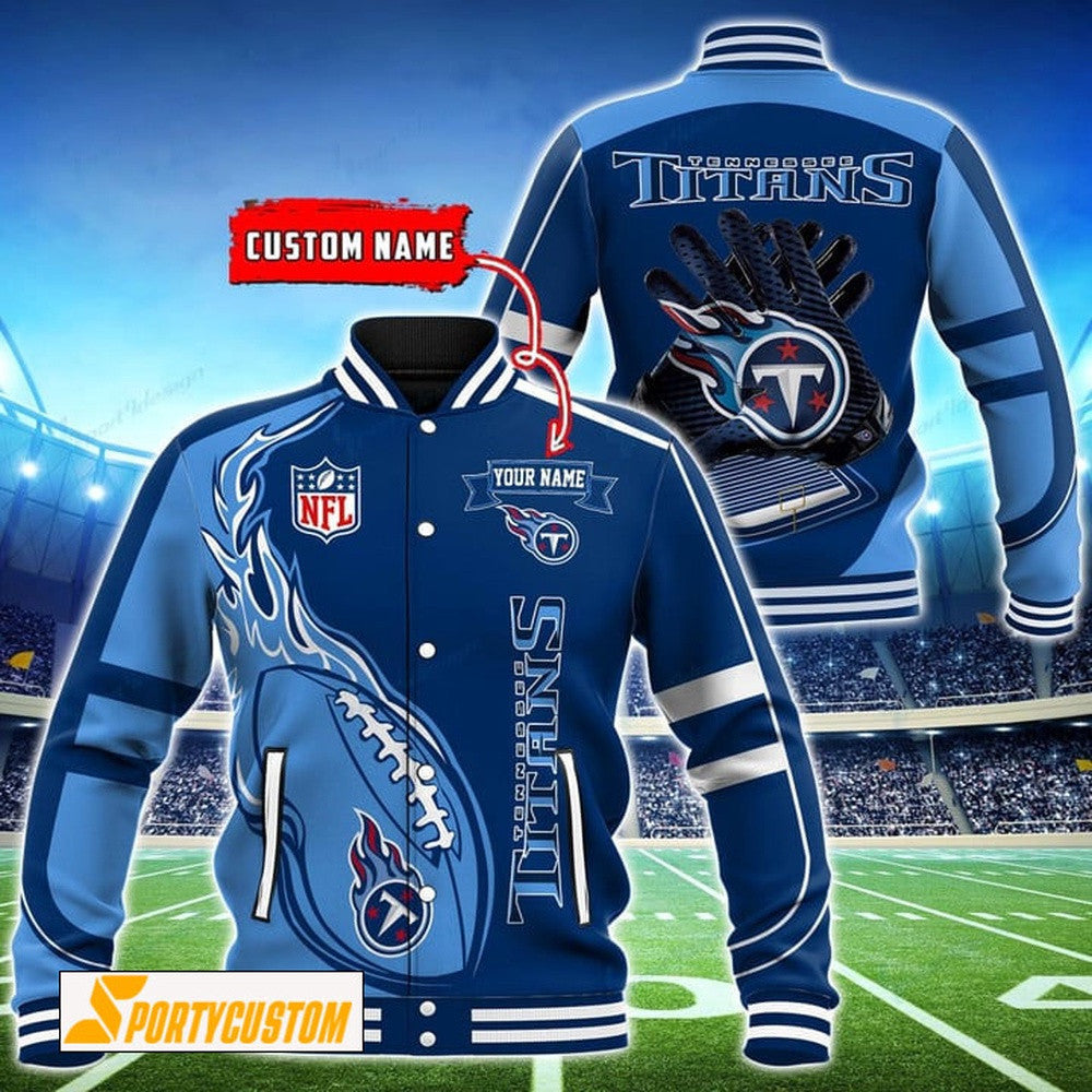 Tennessee Titans Fireball Custom Name Baseball Jacket Varsity Jacket - Blue - All-Over-Printed Jacket