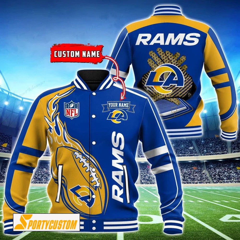 Los Angeles Rams Fireball Custom Name Baseball Jacket Varsity Jacket - Blue - All-Over-Printed Jacket