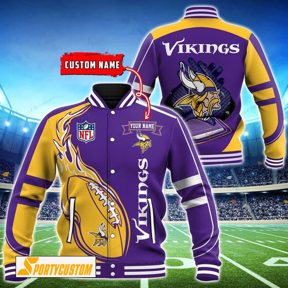 Minnesota Vikings Fireball Custom Name Baseball Jacket Varsity Jacket - Purple - All-Over-Printed Jacket
