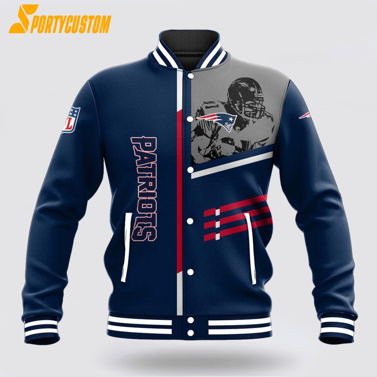 New England Patriots Player Baseball Jacket Varsity Jacket - Navy - All-Over-Printed Jacket