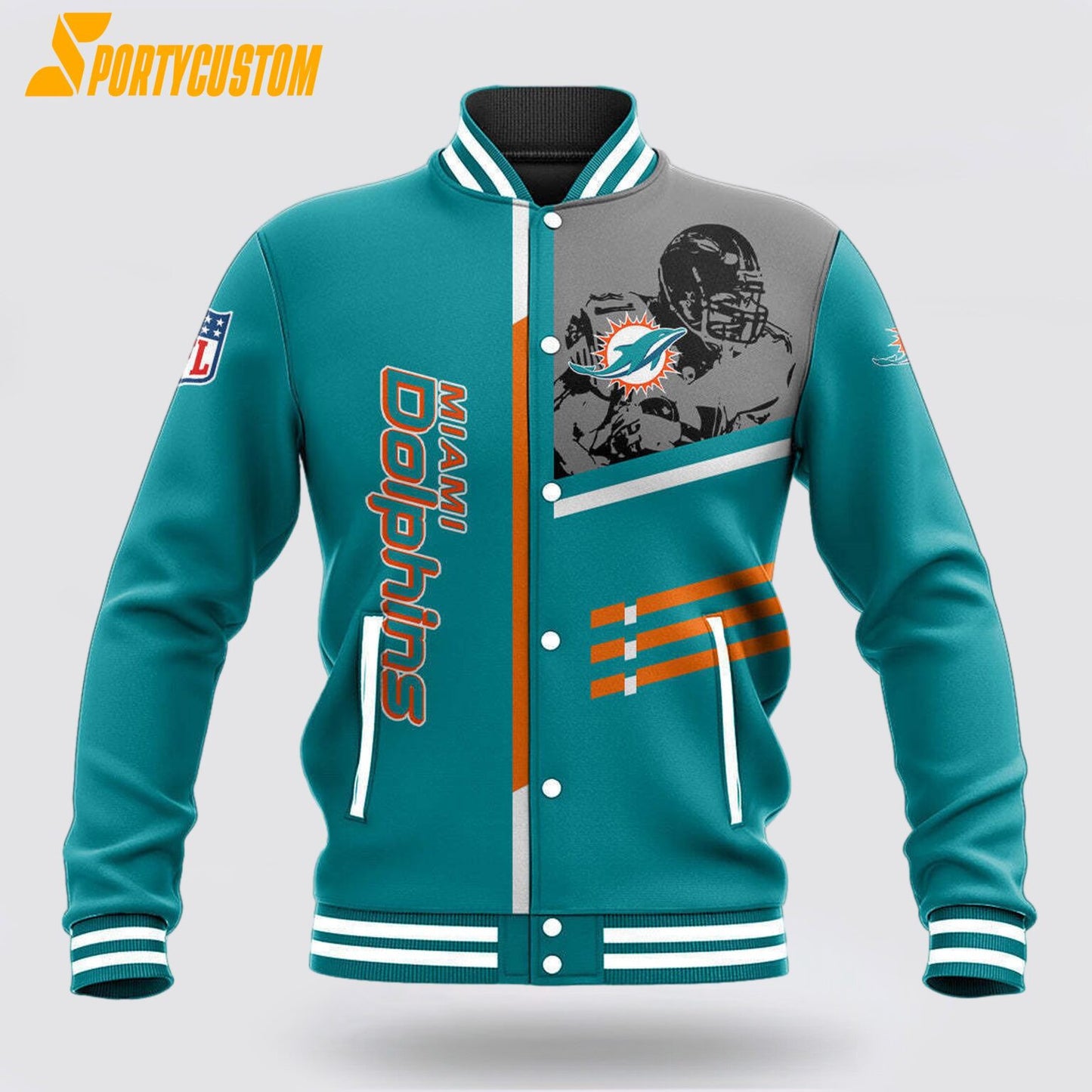 Miami Dolphins Player Baseball Jacket Varsity Jacket - Aqua - All-Over-Printed Jacket