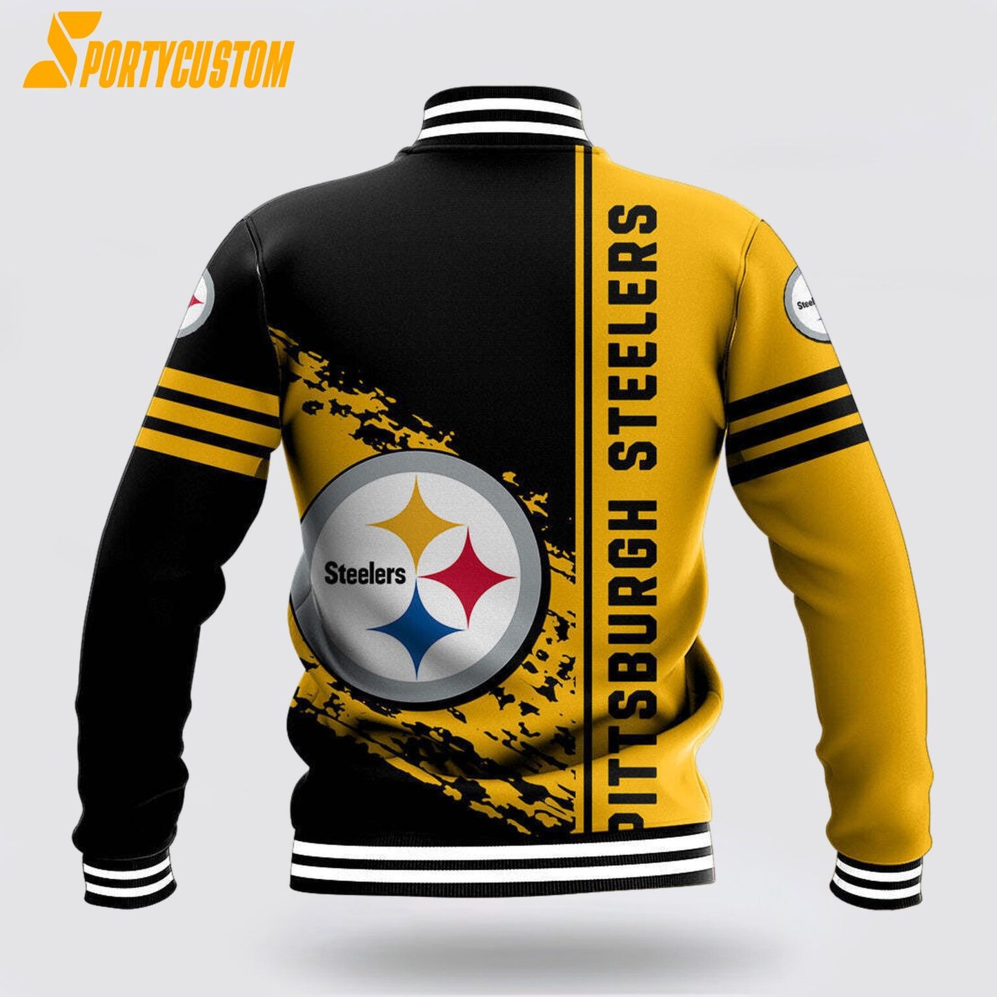 Pittsburgh Steelers Logo Baseball Jacket Varsity Jacket - Black/Gold - All-Over-Printed Jacket