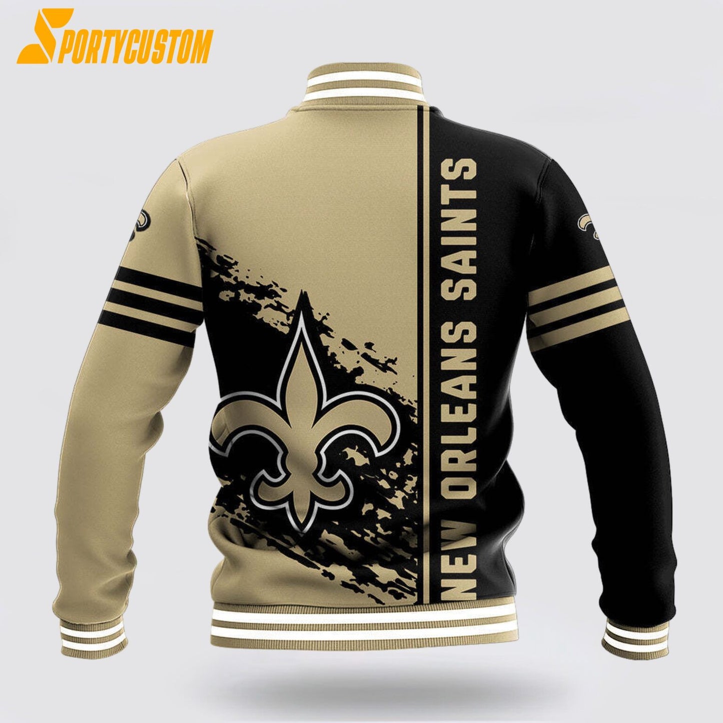 New Orleans Saints Logo Baseball Jacket Varsity Jacket - Cream/Black - All-Over-Printed Jacket