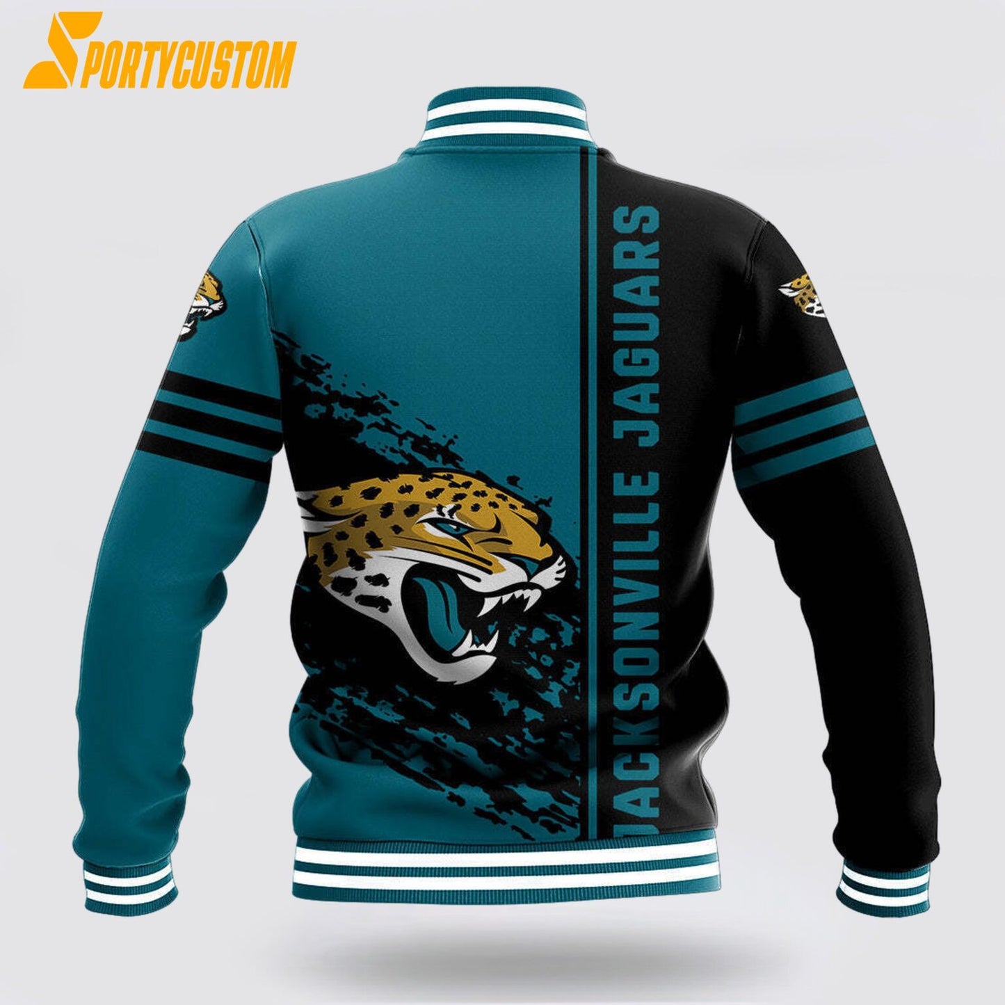 Jacksonville Jaguars Logo Baseball Jacket Varsity Jacket - Teal/Black - All-Over-Printed Jacket