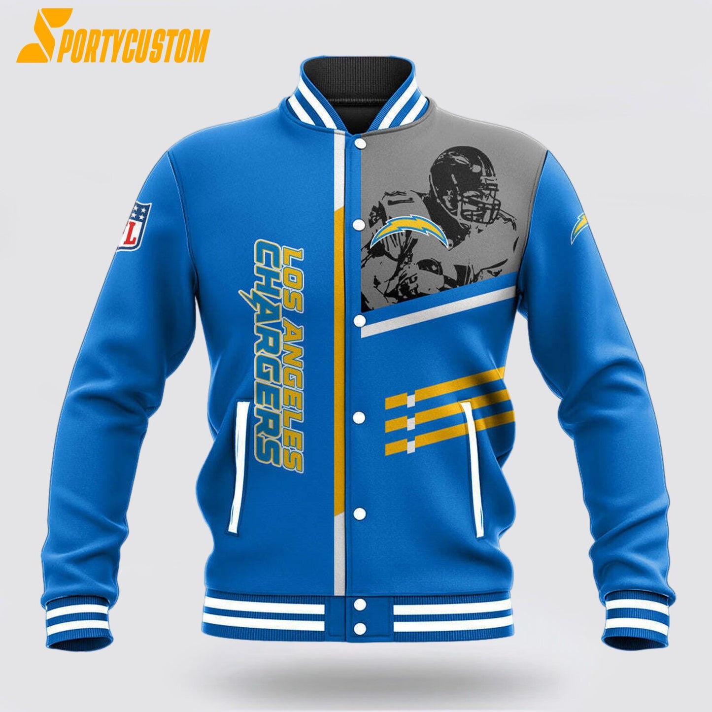 Los Angeles Chargers Player Baseball Jacket Varsity Jacket - Powder Blue - All-Over-Printed Jacket