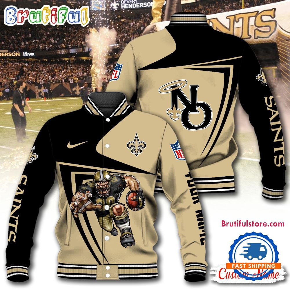 New Orleans Saints Football Mascot Limited New Design Baseball Jacket Varsity Jacket - Cream - All-Over-Printed Jacket