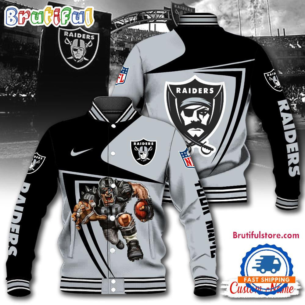 Las Vegas Raiders Football Mascot Limited New Design Baseball Jacket Varsity Jacket - Gray - All-Over-Printed Jacket