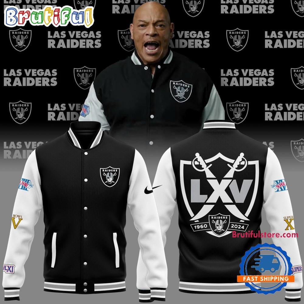 Las Vegas Raiders 1960-2024 Baseball Jacket Varsity Jacket - Black - All-Over-Printed Jacket