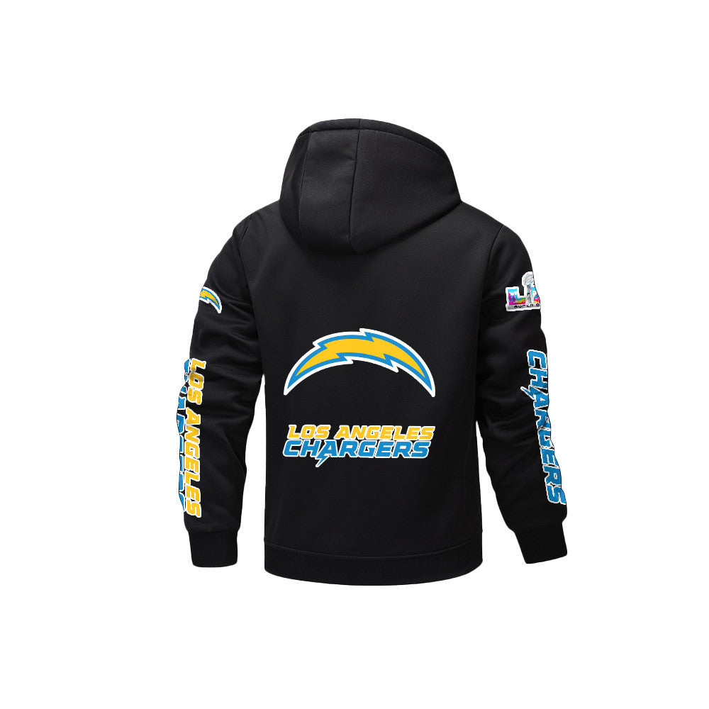 Los Angeles Chargers 2026 Super Bowl LX Black Fleece Zip-Up Jacket – Printed Logos, Personalized Name