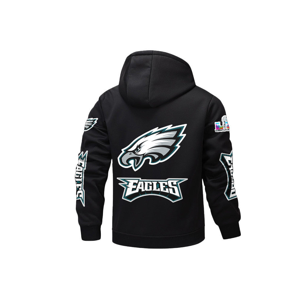 Philadelphia Eagles 2026 Super Bowl LX Black Fleece Zip-Up Jacket – Printed Logos, Personalized Name