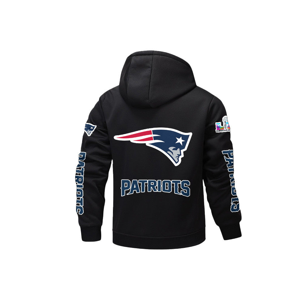 New England Patriots 2026 Super Bowl LX Black Fleece Zip-Up Jacket – Printed Logos, Personalized Name