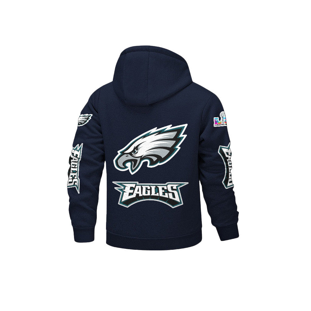 Philadelphia Eagles 2026 Super Bowl LX Navy Fleece Zip-Up Jacket – Printed Logos, Personalized Name
