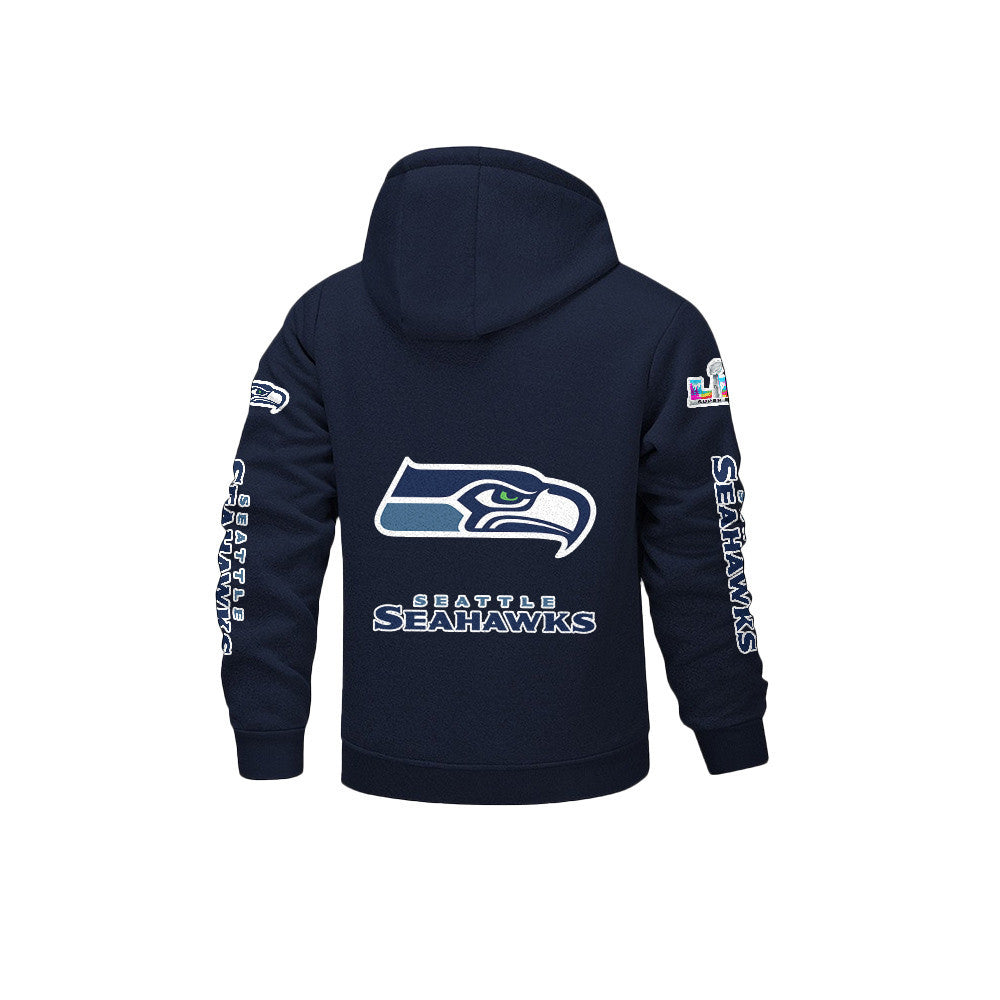 Seattle Seahawks 2026 Super Bowl LX Navy Fleece Zip-Up Jacket – Printed Logos, Personalized Name