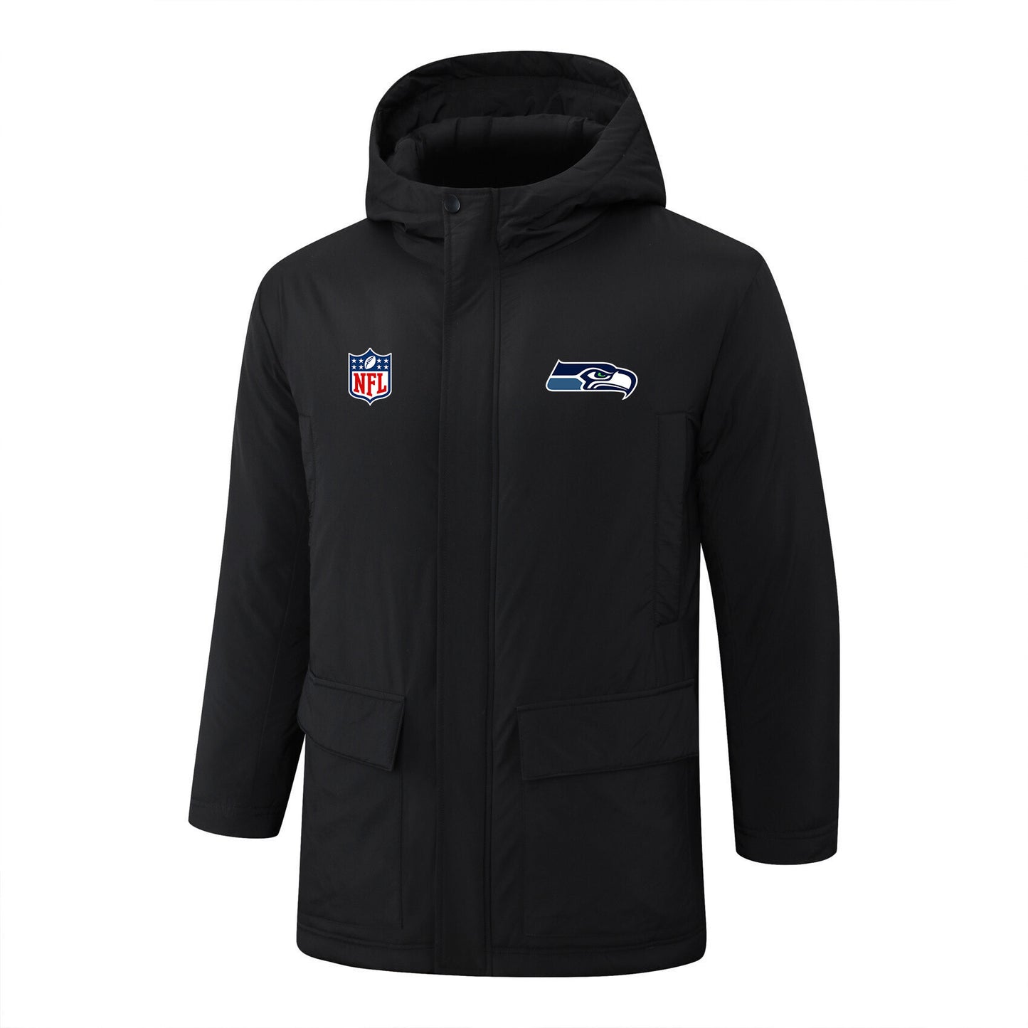 Seattle Seahawks Padded Parka Jacket Navy - Heat Printed Logo, Fan Gear