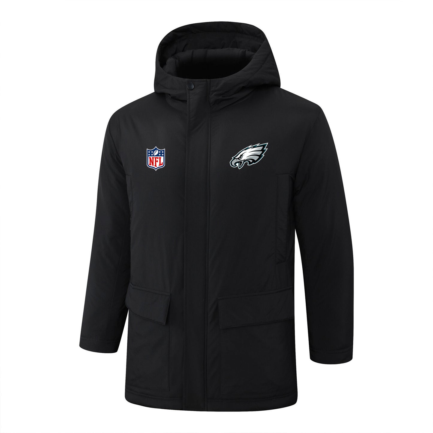 Philadelphia Eagles Padded Parka Jacket Navy - Heat Printed Logo, Fan Gear
