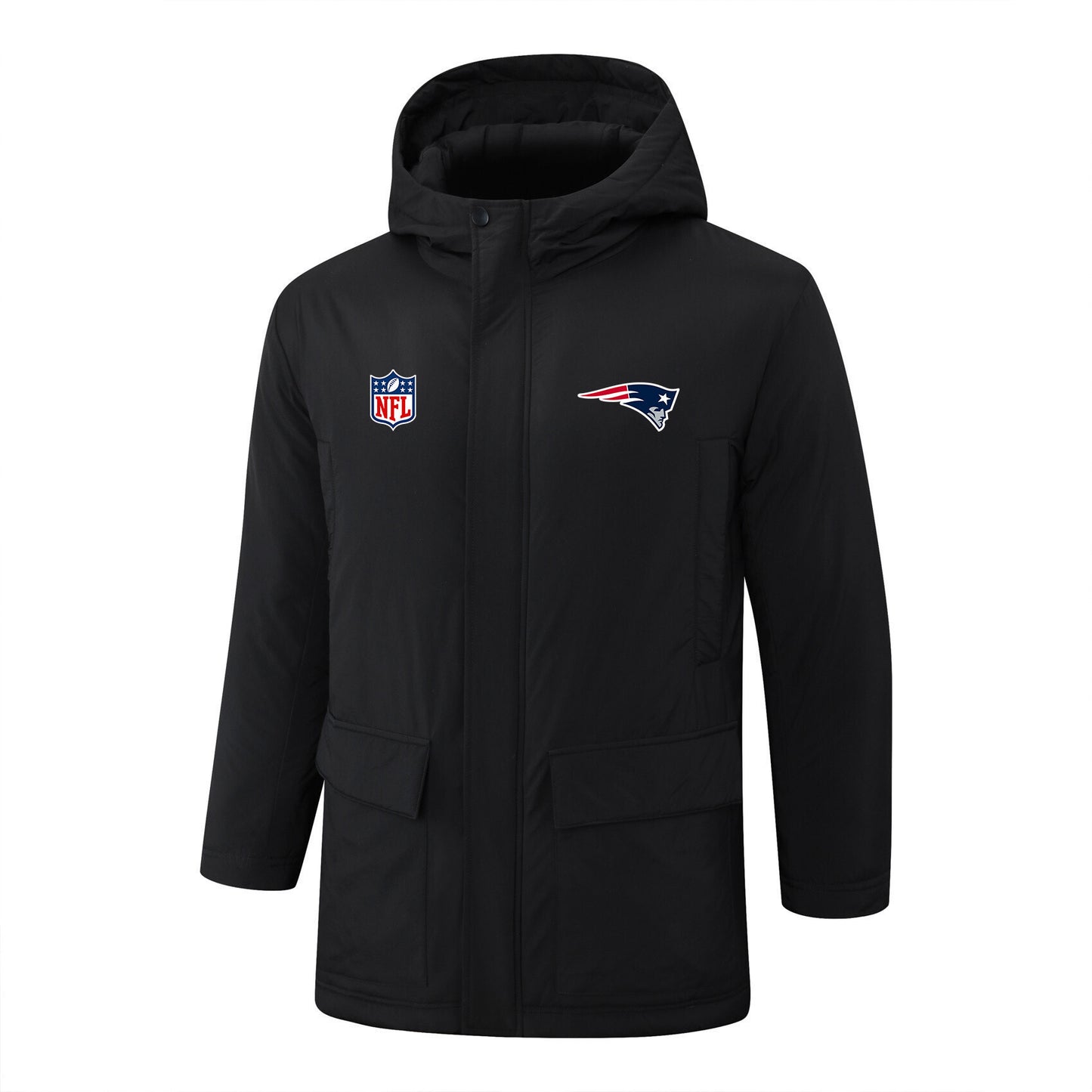 New England Patriots Padded Parka Jacket Navy - Heat Printed Logo, Fan Gear