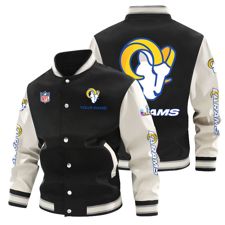 Los Angeles Rams 2026 Super Bowl LX All-Over Print Baseball Jacket – Black