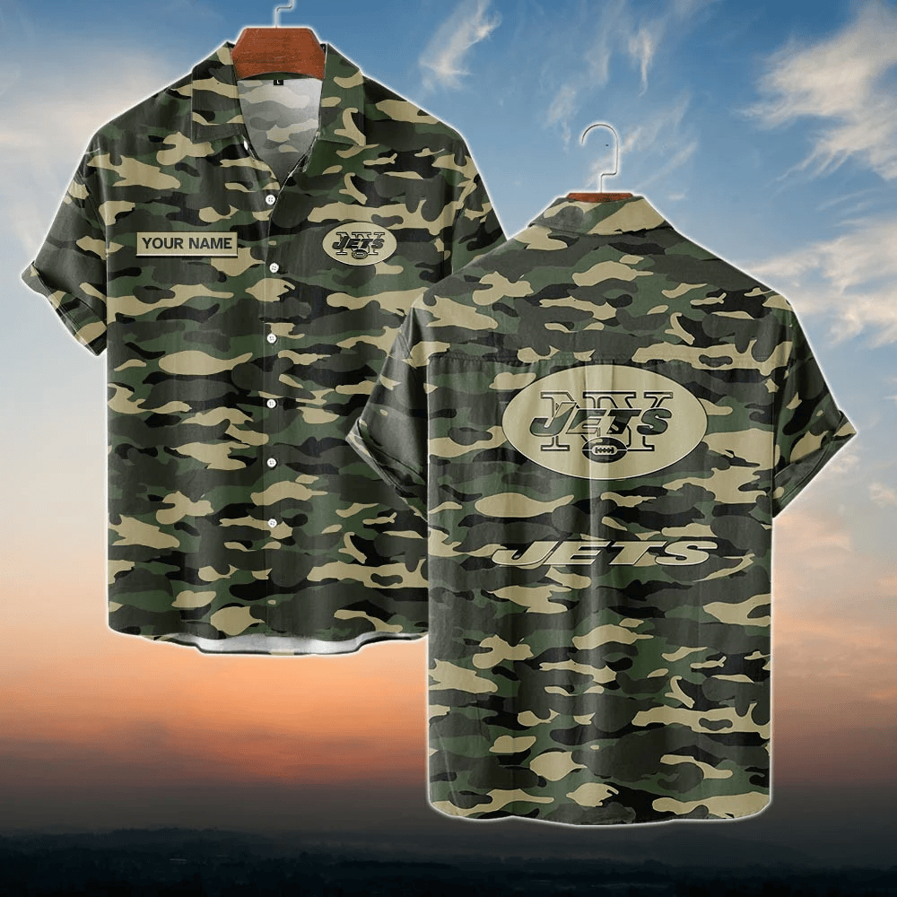 New York Jets NFL Dark Camo Custom Name Hawaiian Shirt