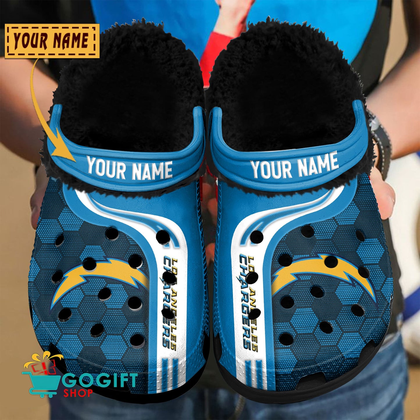 Los Angeles Chargers Honeycomb Pattern Custom Name Fleece Crocs Clogs Shoes