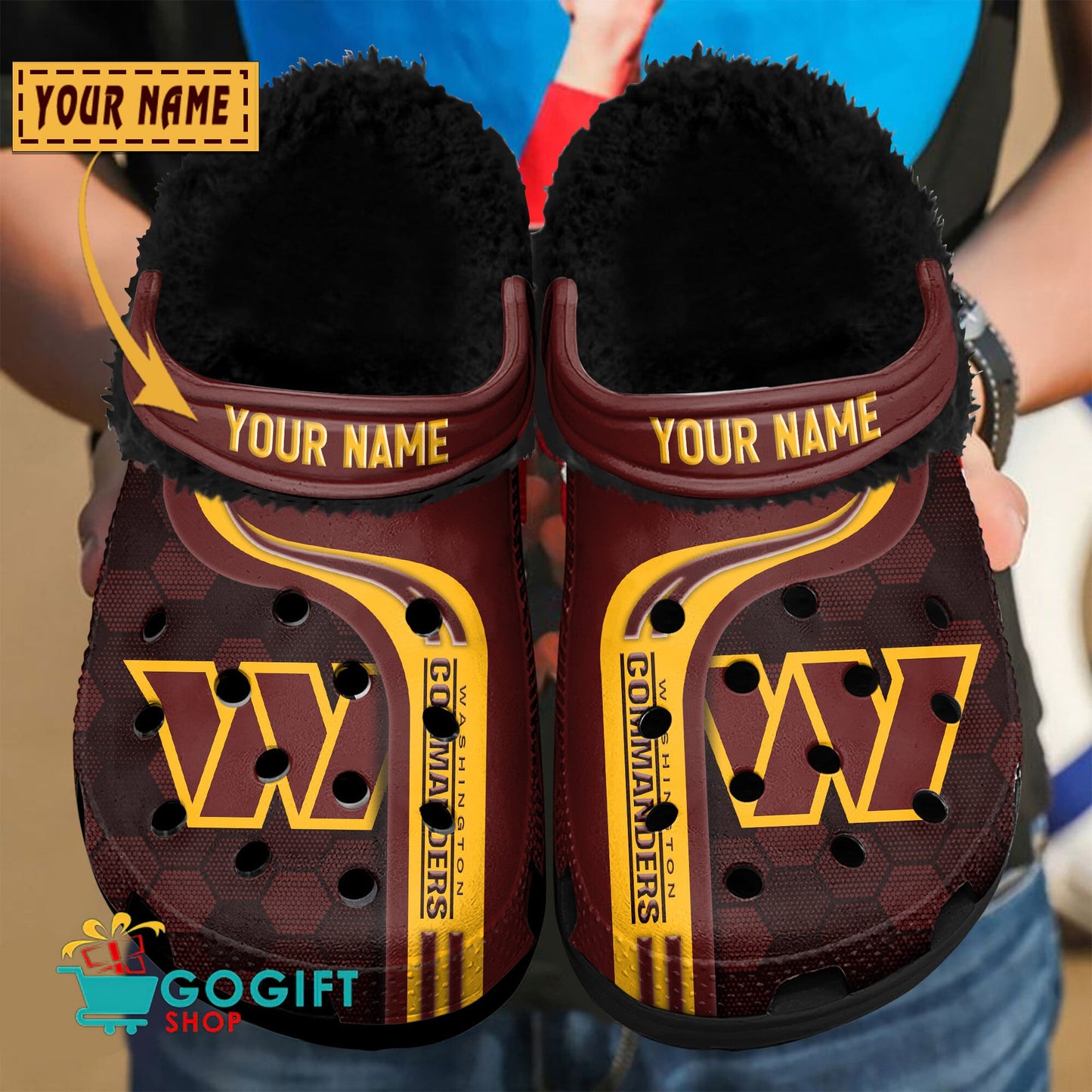 Washington Commanders Honeycomb Pattern Custom Name Fleece Crocs Clogs Shoes