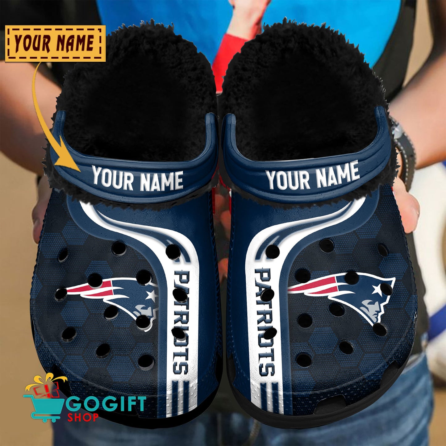 New England Patriots Honeycomb Pattern Custom Name Fleece Crocs Clogs Shoes