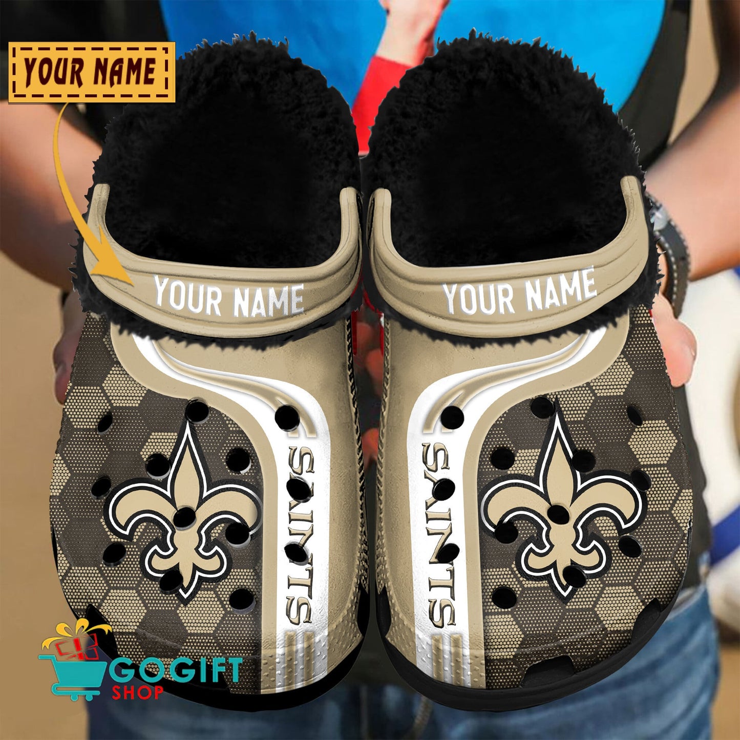 New Orleans Saints Honeycomb Pattern Custom Name Fleece Crocs Clogs Shoes