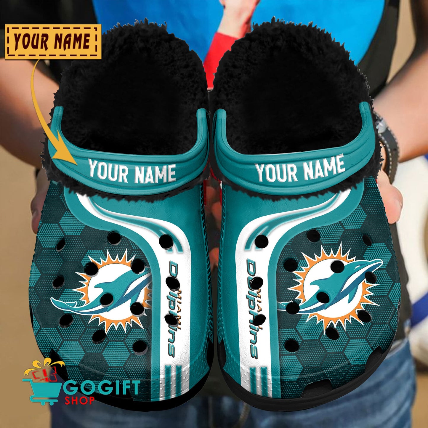 Miami Dolphins Honeycomb Pattern Custom Name Fleece Crocs Clogs Shoes