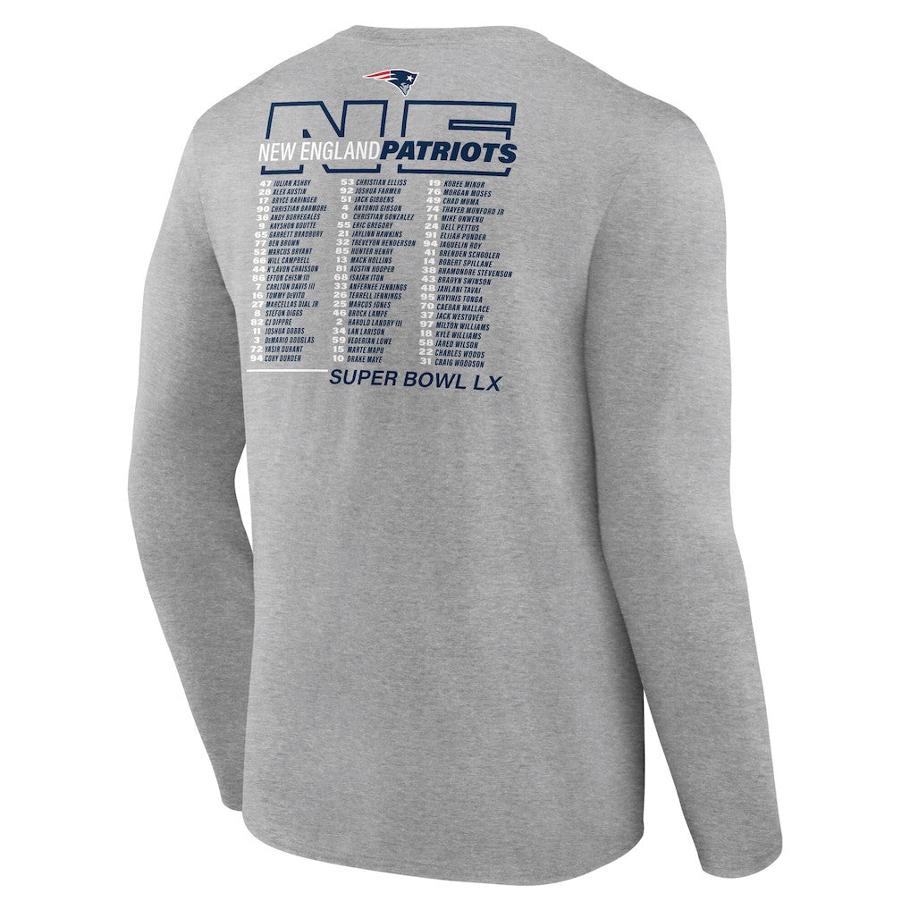 New England Patriots Super Bowl LX Roster Long Sleeve T-Shirt - Heather Gray