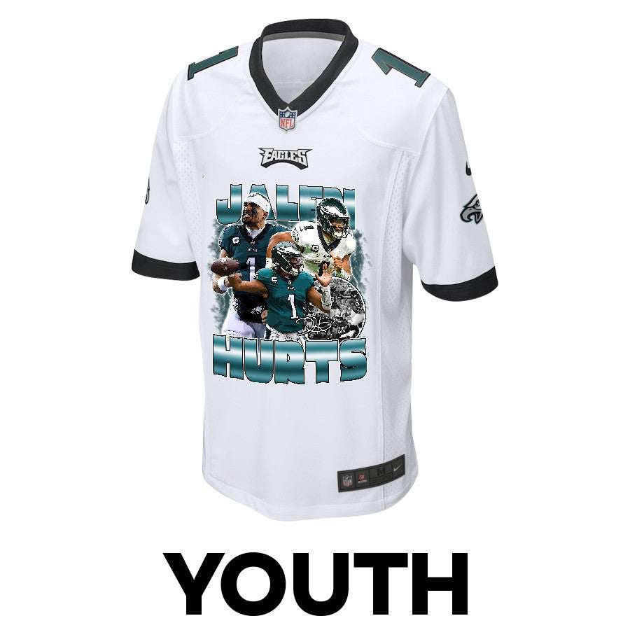 Jalen Hurts 1 Philadelphia Eagles Heartbeat Game YOUTH Jersey - White
