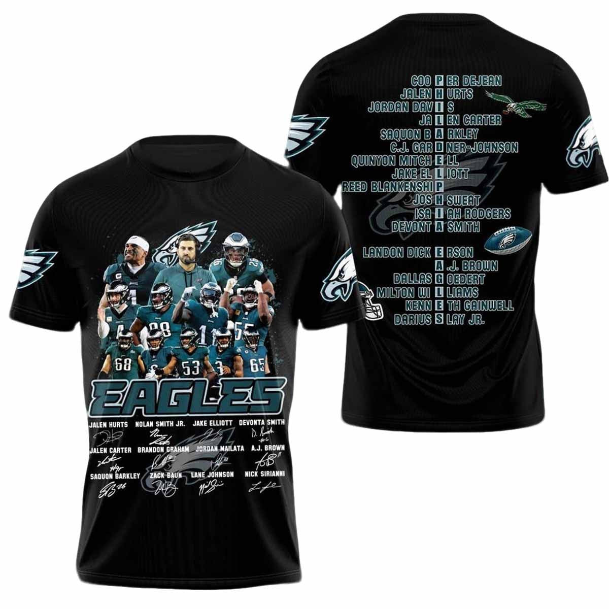 Philadelphia Eagles Super Bowl LIX Champions 2025 Signature All Over Printed T-Shirt - Black