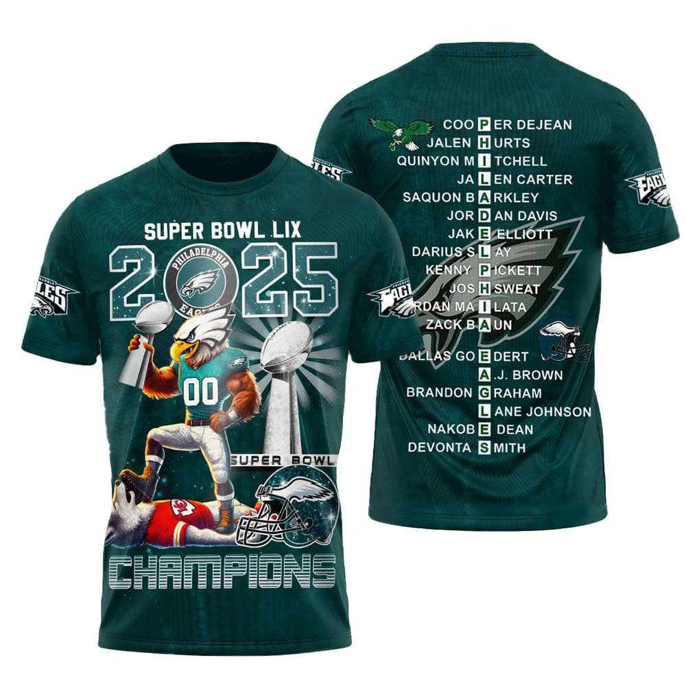 Philadelphia Eagles Super Bowl LIX 2025 Champions Custom Number All Over Printed T-Shirt - Midnight Green