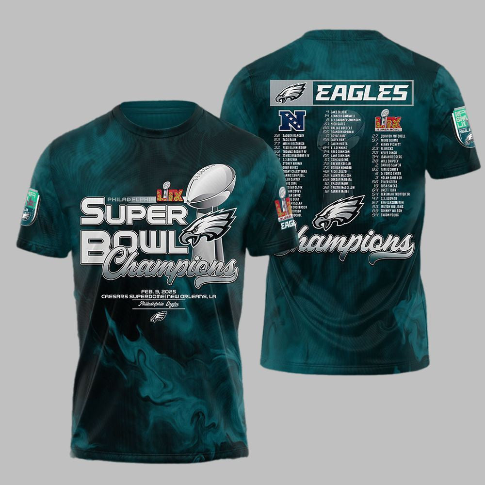 Philadelphia Eagles Super Bowl LIX Champions 2025 All Over Printed T-Shirt - Black