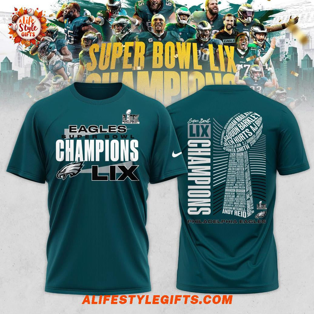 Victory Super Bowl LIX Champions 2025 Philadelphia Eagles All Over Printed T-Shirt - Midnight Green