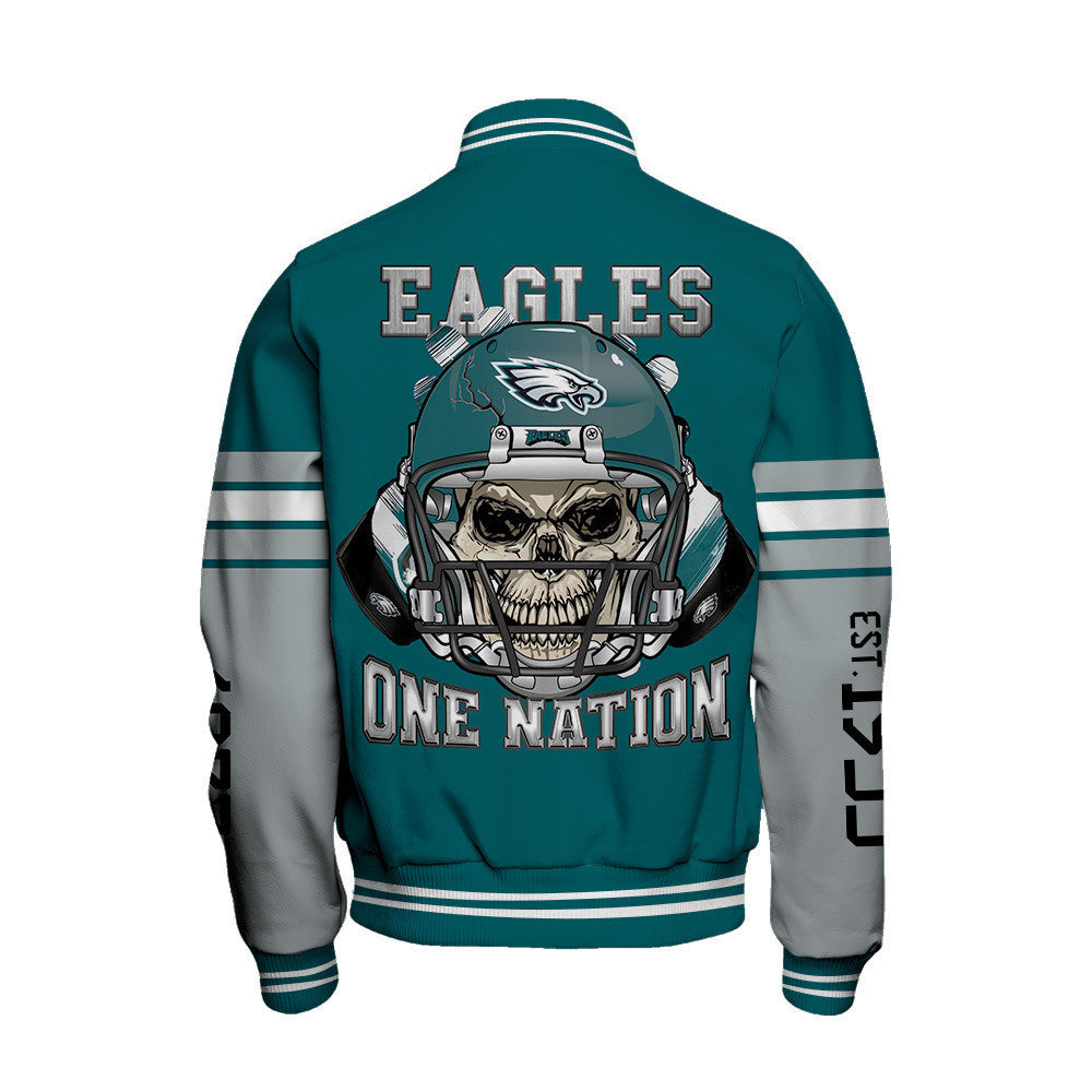 Philadelphia Eagles Skull And Gloves Pattern Varsity Jacket - All-Over-Printed Jacket