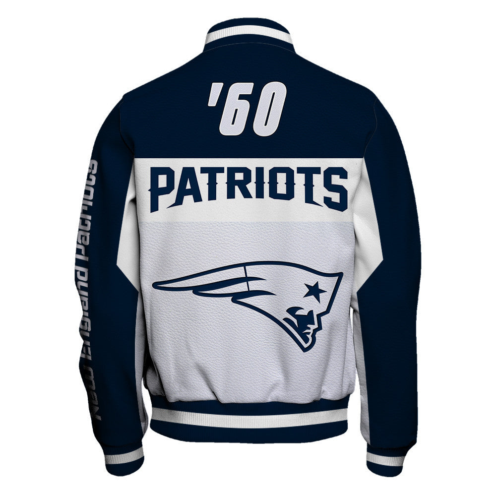 New England Patriots Striped Collar & Highly Unique Vertical Lettering on Sleeves Varsity Jacket