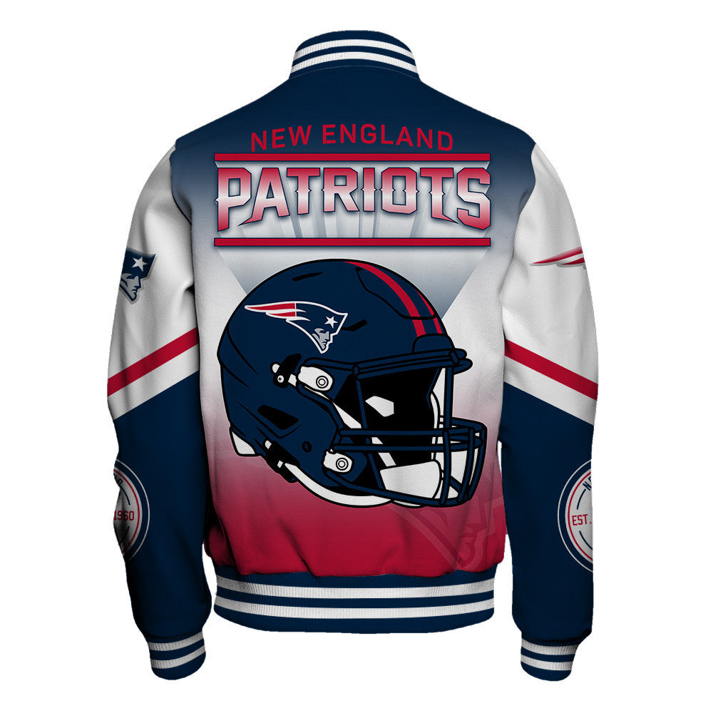 New England Patriots Large Helmet Graphic and Bold Classic Team Logo Design Varsity Jacket