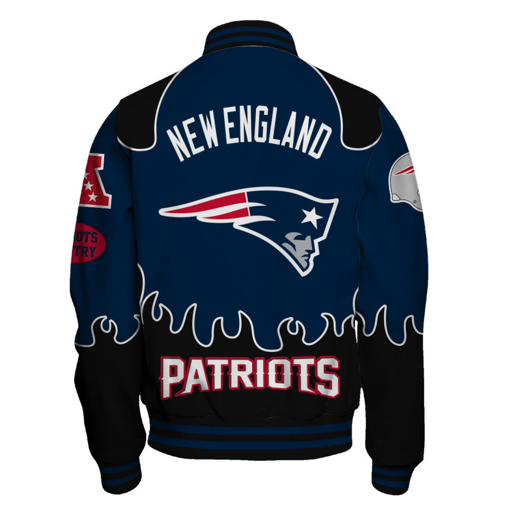 New England Patriots Striking Flame Pattern and Large Prominent Logo Varsity Jacket