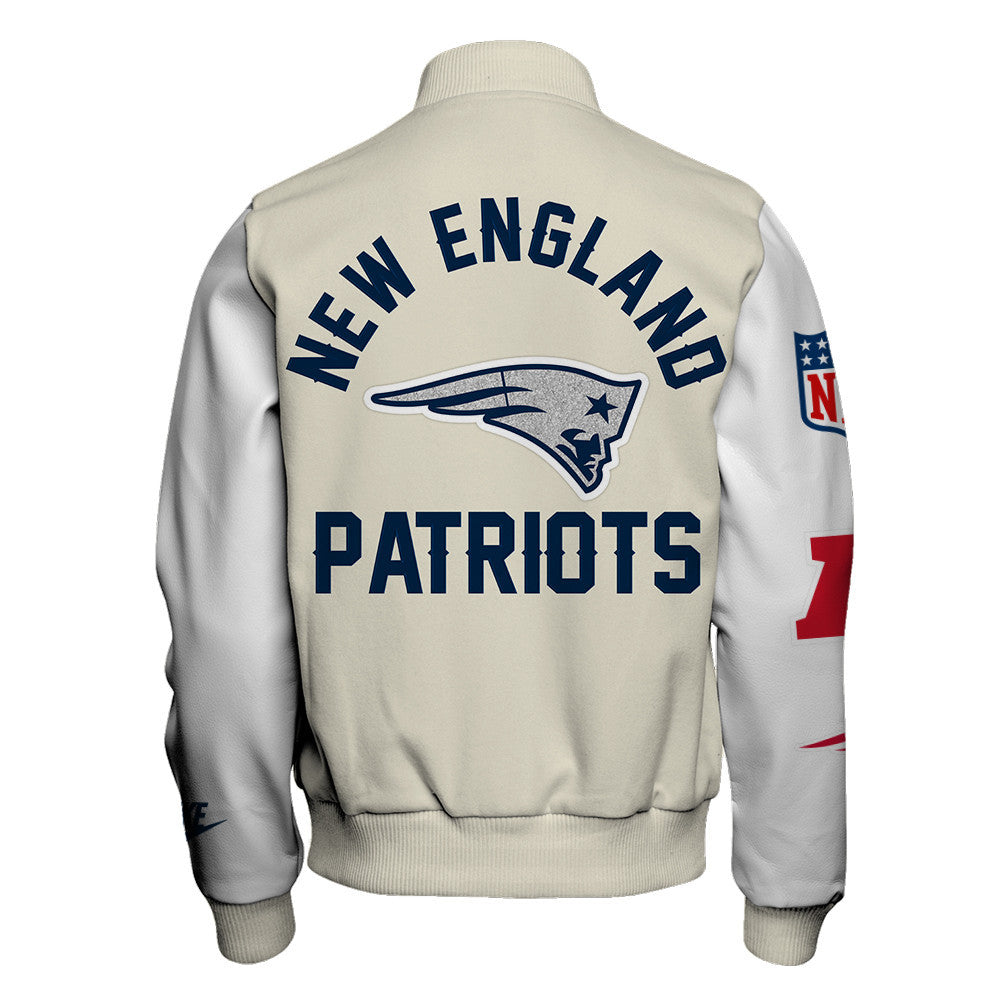 New England Patriots Cream Color Block & Contrasting White Sleeves Varsity Jacket