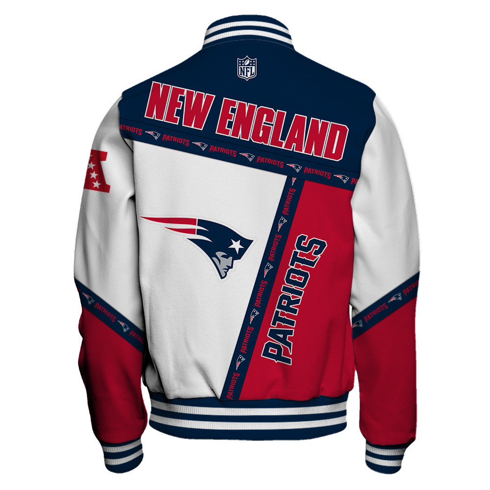 New England Patriots Dynamic Design With Large Logo And Impressive Diagonal Lines Varsity Jacket